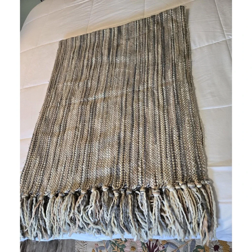 Altar'D State Striped Fringed Afghan, 100% Acrylic Lap Throw, Gray Tan White